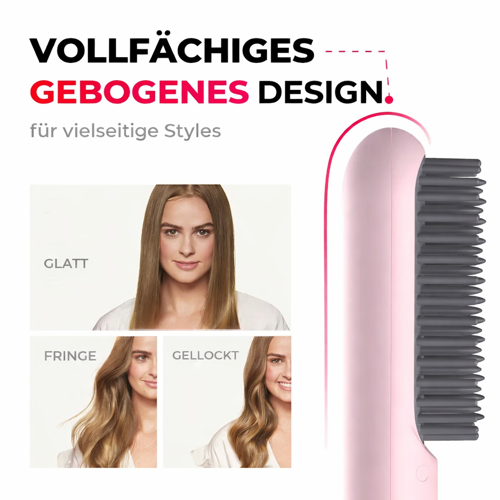 Kompakte kabellose Reise-Glättbürste für glänzendes Haar unterwegs; schnelles Styling.