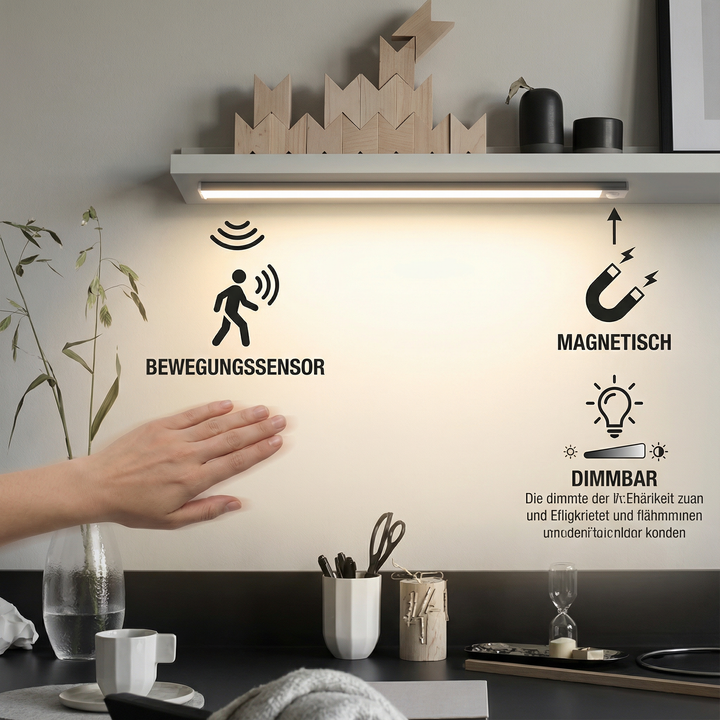 Magnetische LED-Unterbauleuchte kabellos, dimmbar, mit Bewegungssensor. Einfache Schrank- & Heimbeleuchtung.