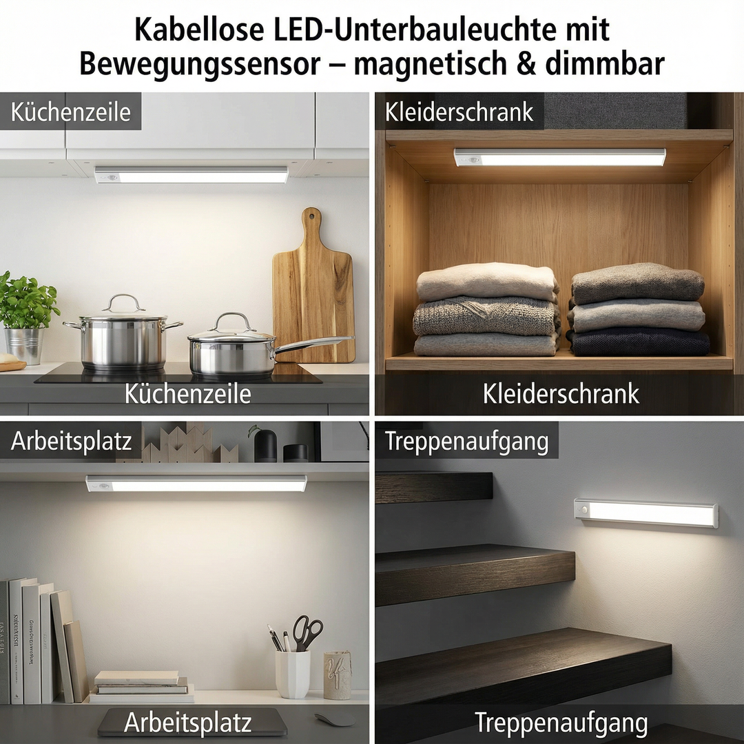 LED-Unterbauleuchte mit Bewegungssensor & Akku, kabellos, dimmbar, magnetisch. Ideal für Küche & Kleiderschrank.