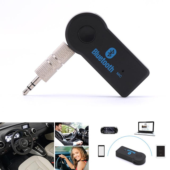Kompakter kabelloser Bluetooth Adapter für AUX-Anschluss, ermöglicht Musik-Streaming und Freisprechen im Auto.