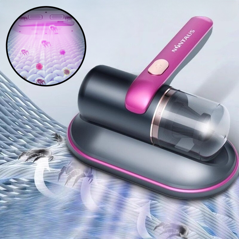 Allergikerfreundlicher kabelloser Handstaubsauger in Lila/Gold. UV-Licht & HEPA-Filter reinigen Matratzen hygienisch.
