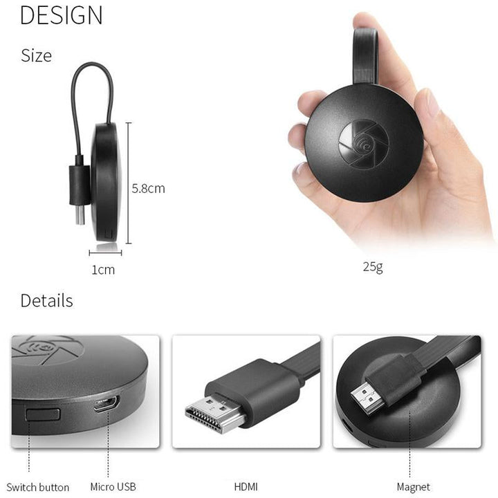 Kompakter Full HD 1080P HDMI WiFi Display Adapter für stabile kabellose Bildschirmübertragung.