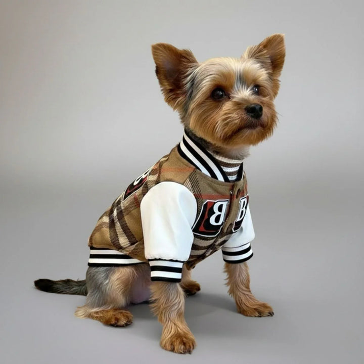 Karierte Hundejacke und passendes Unterhemd für einen sportlichen Look. Ideal für kleine und mittelgroße Hunde.