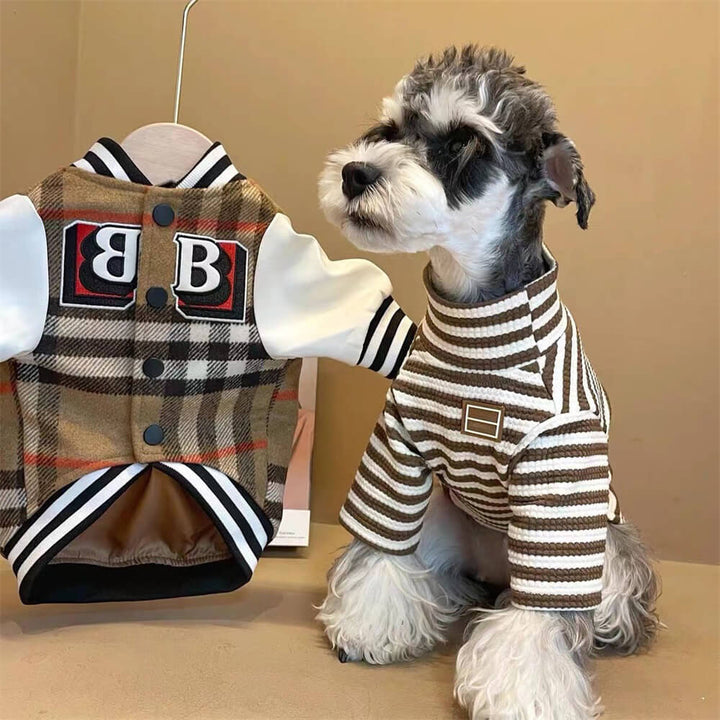 Trendige karierte Hundejacke im Baseball-Stil mit bequemem Unterhemd. Perfekt für Hundemode & Outdoor.