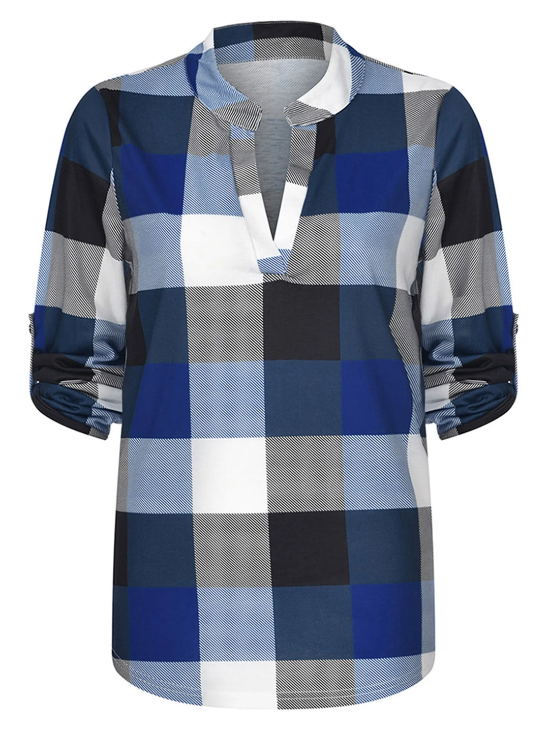 Karierte Damenbluse mit V-Ausschnitt, lange Ärmel, bequemer Schnitt. Ideal für Herbst & Frühling.