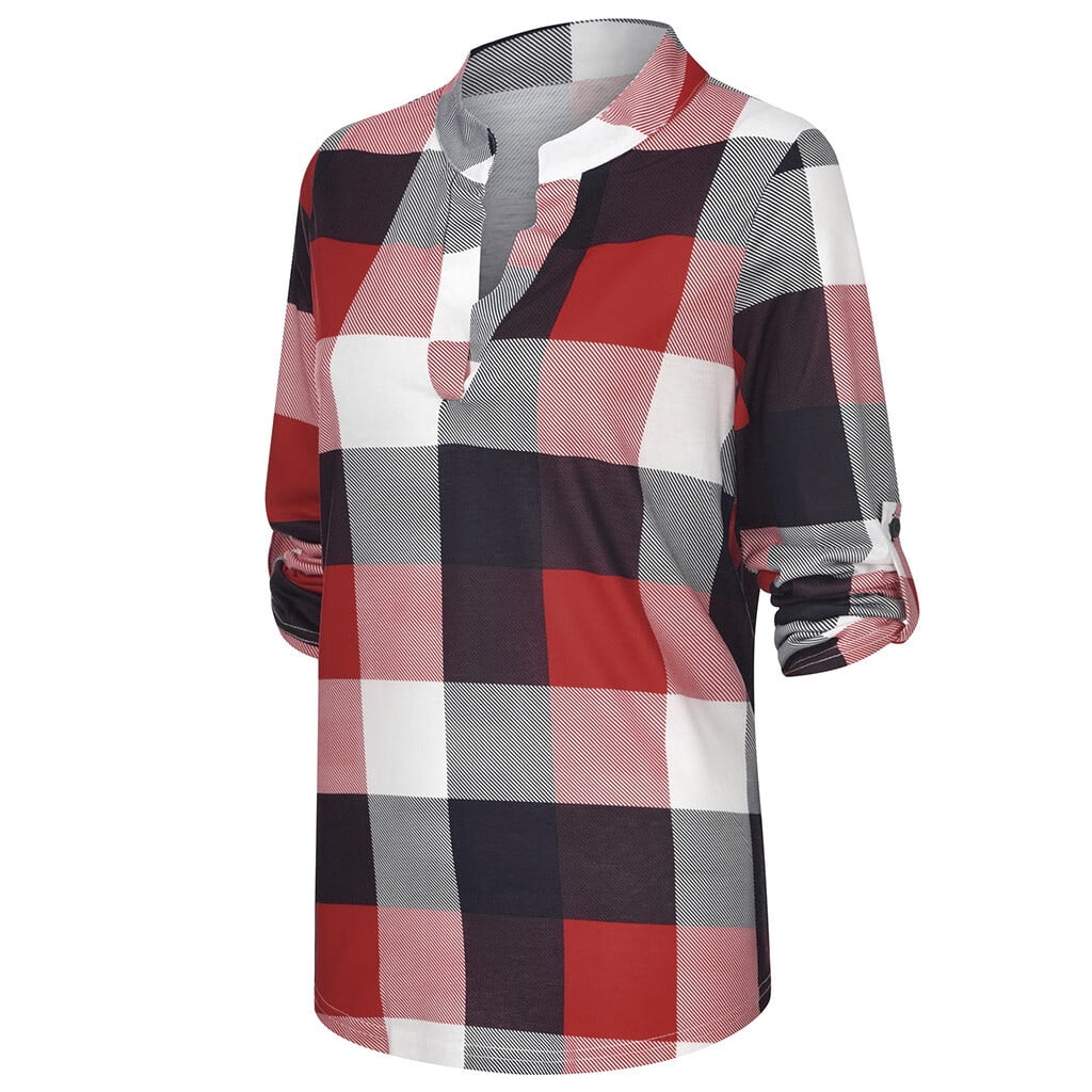Herbstmode Damen Blusentop, kariert, V-Ausschnitt, bequem und stilvoll. Passt perfekt.