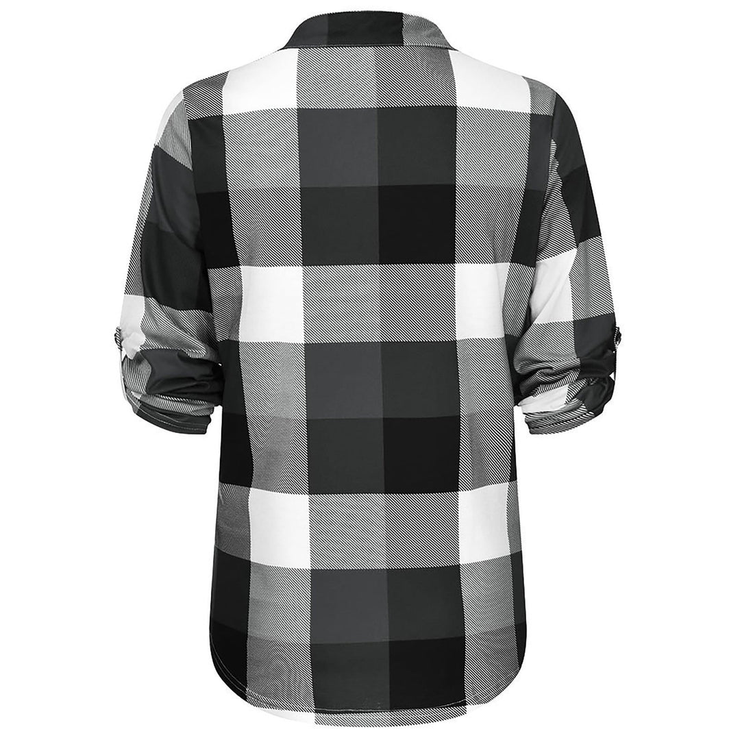 Elegantes Damen Blusentop, kariert, V-Ausschnitt, lange Ärmel. Ideal für Herbstmode.