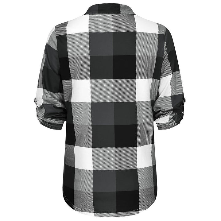 Elegantes Damen Blusentop, kariert, V-Ausschnitt, lange Ärmel. Ideal für Herbstmode.