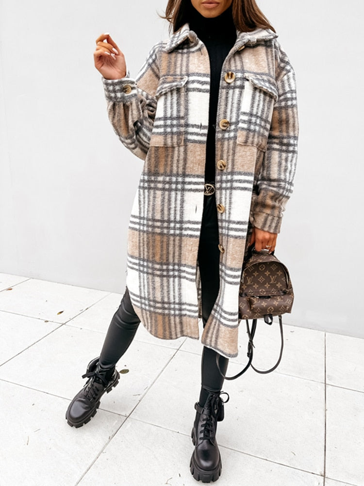 Damen Oversized Karo-Jacke, lange Herbstjacke 2025. Trendige, bequeme Herbstmode & elegante Kleidung.