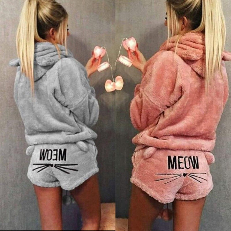 Damen kuscheliger Katzen Pyjama Strampler Set, niedlich & warm, perfekt für gemütliche Homewear & Loungewear.