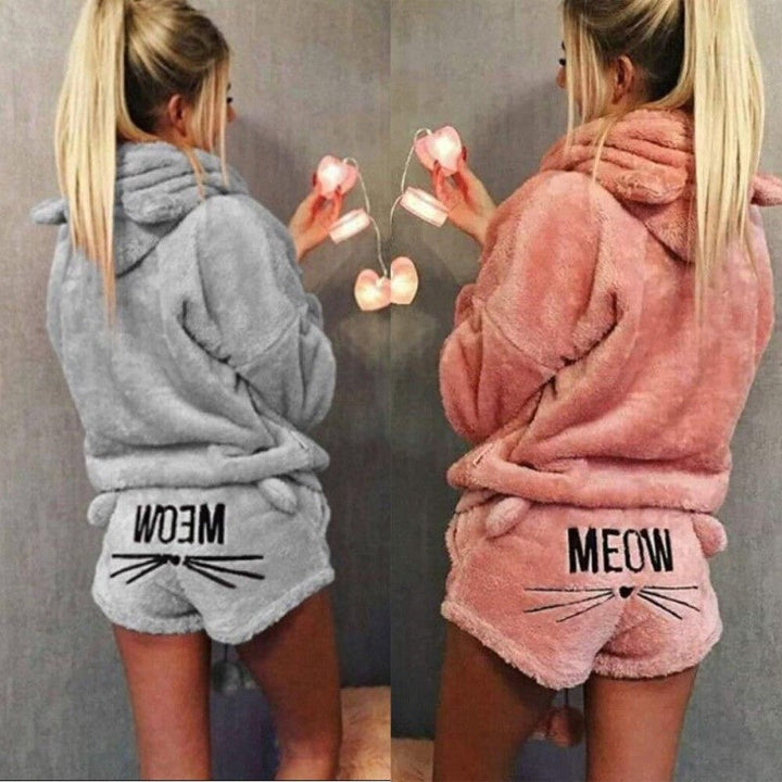 Damen kuscheliger Katzen Pyjama Strampler Set, niedlich & warm, perfekt für gemütliche Homewear & Loungewear.