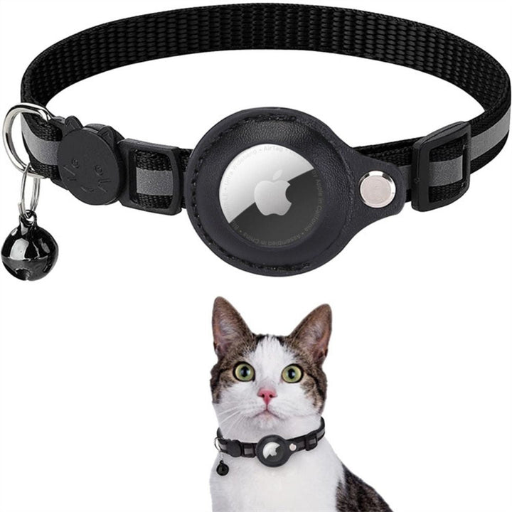 Schwarz reflektierendes Katzenhalsband mit GPS-Halter, Sicherheitsverschluss & Glöckchen.