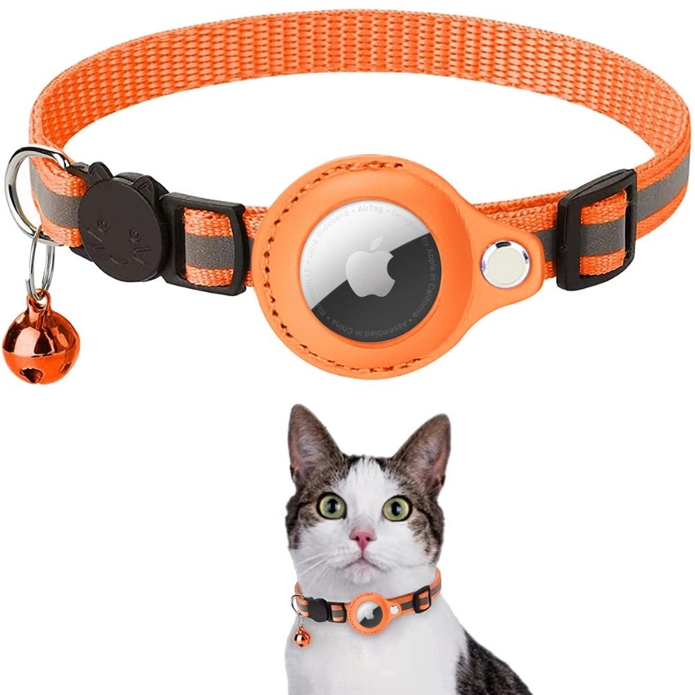 Modernes Katzenhalsband mit GPS-Halterung, Sicherheitsverschluss, Glöckchen & Reflektor.