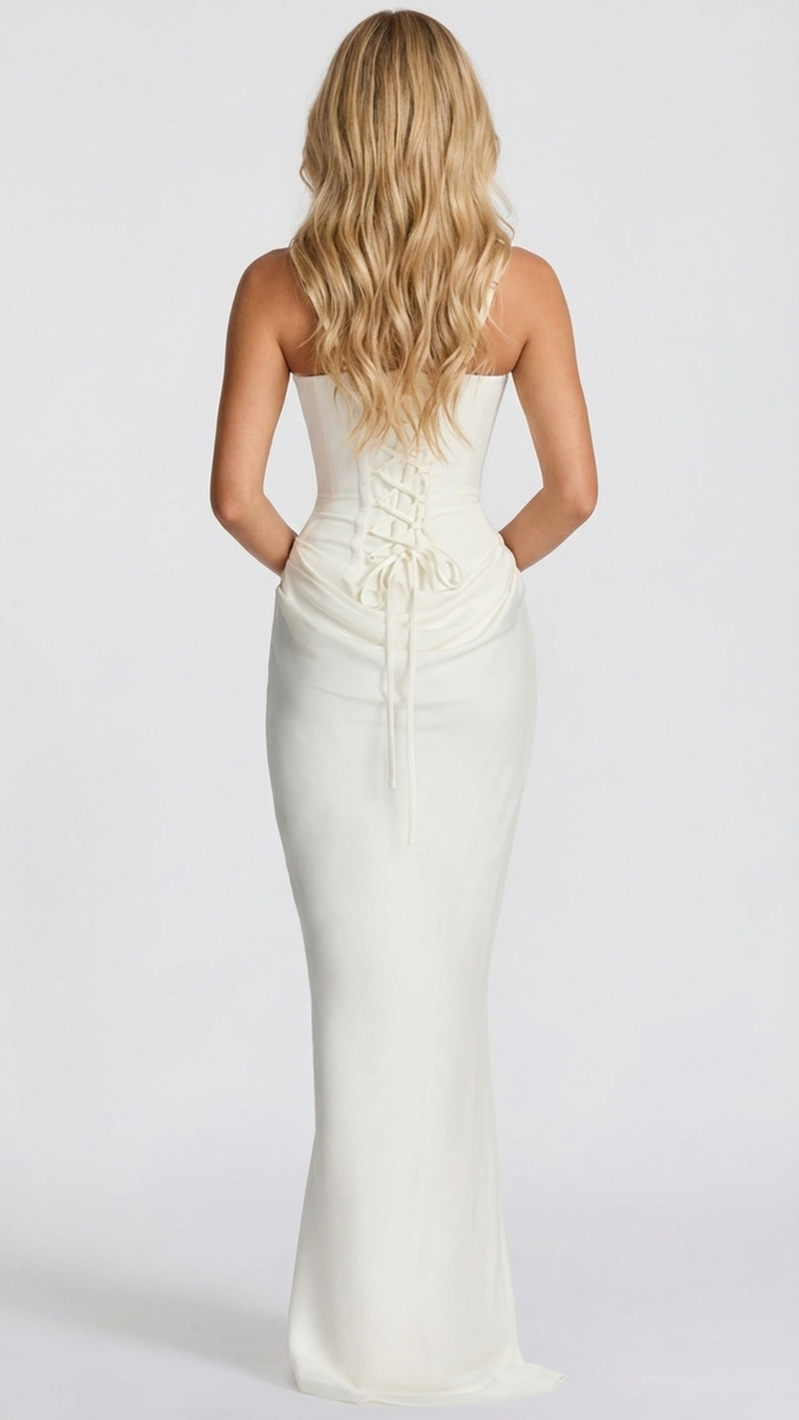 Zeitloses Damen Maxikleid als elegantes Hochzeitsgast-Kleid oder Gala-Kleid, mit Korsett-Mieder und drapierter Taille.