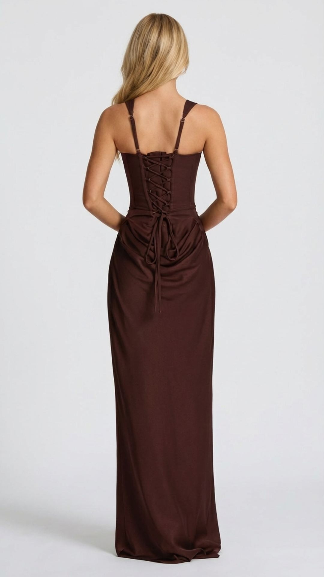 Modisches Damen Abendkleid: Ärmelloses Maxikleid mit Korsett-Mieder & figurbetonter drapierter Taille.