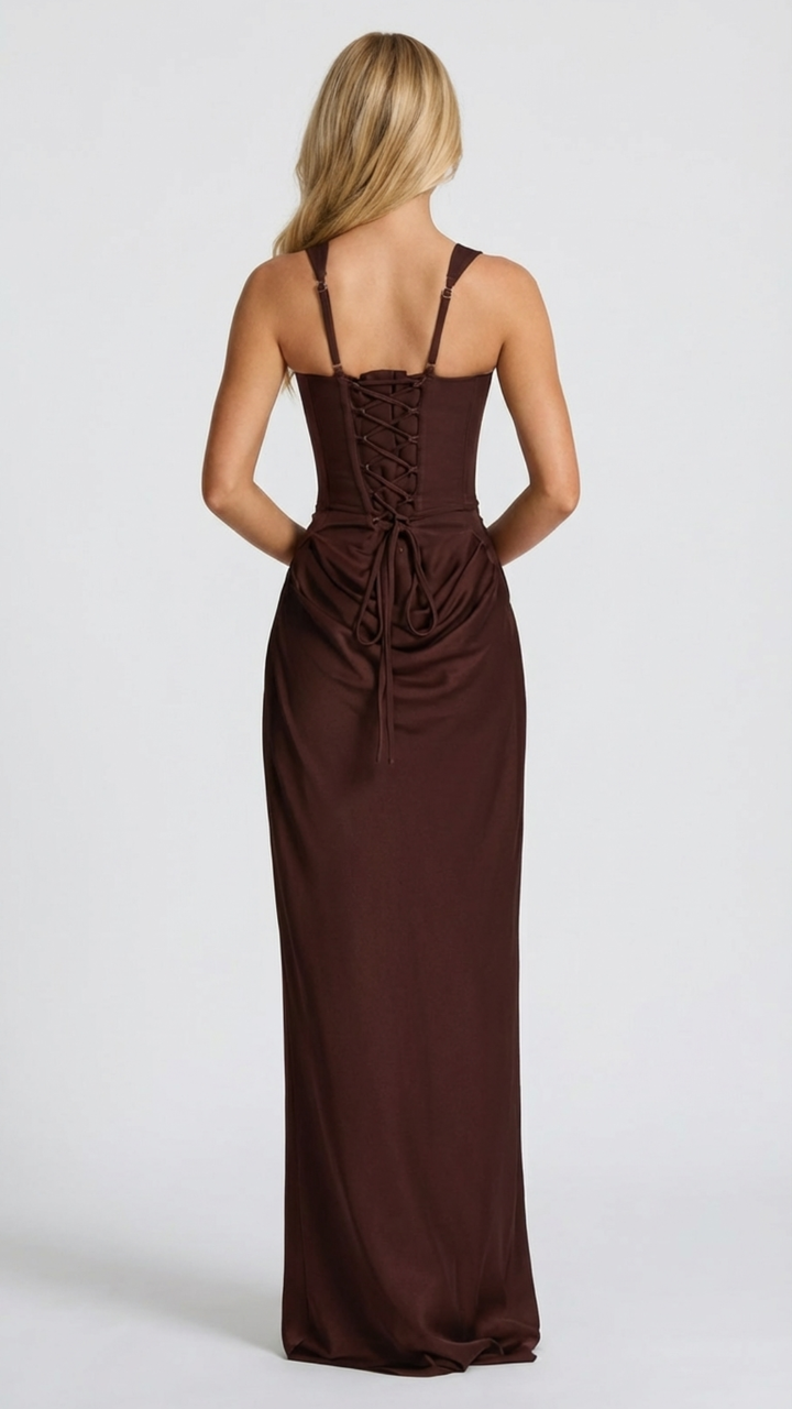 Modisches Damen Abendkleid: Ärmelloses Maxikleid mit Korsett-Mieder & figurbetonter drapierter Taille.