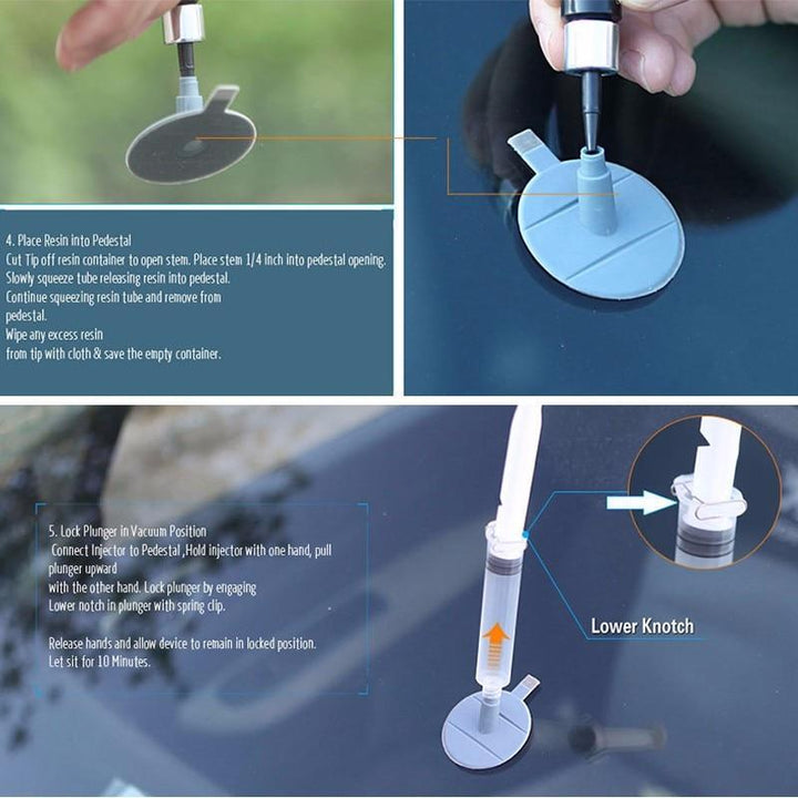 Anwendung des Nano Windschutzscheiben Reparaturkits zur schnellen Behebung von Glasschäden am Auto.