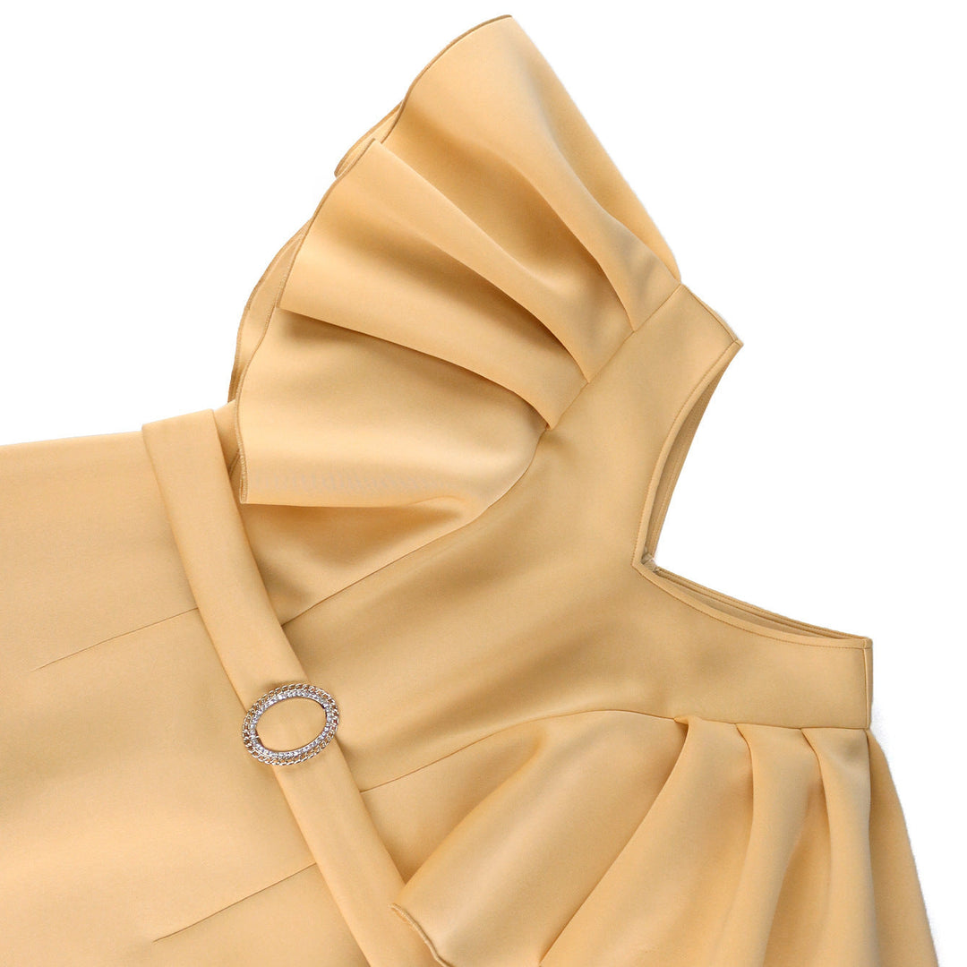 Khaki Damen Figurbetontes Kleid mit Rüschenärmeln, V-Ausschnitt und Gürtel. Betont die Figur, ideal für elegante Abende.