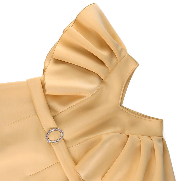 Khaki Damen Figurbetontes Kleid mit Rüschenärmeln, V-Ausschnitt und Gürtel. Betont die Figur, ideal für elegante Abende.
