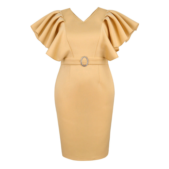 Festliches Khaki Damen Figurbetontes Abendkleid mit eleganten Rüschenärmeln, V-Ausschnitt und Taillengürtel. Ein Muss für besondere Anlässe.