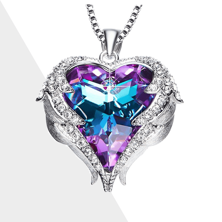 Elegante Damenhalskette mit Engelsflügel und Herz-Anhänger, lila/blau Kristall, Schutzsymbol.