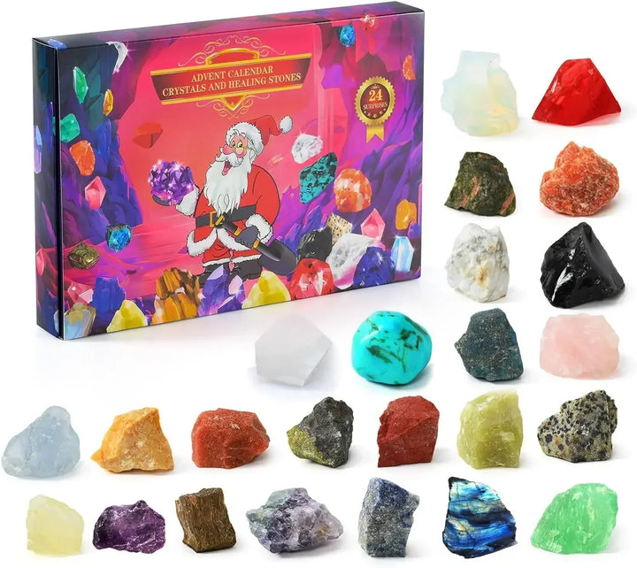 Lern-Adventskalender für Kinder, gefüllt mit 24 verschiedenen Mineralien & Edelsteinen für junge Entdecker.