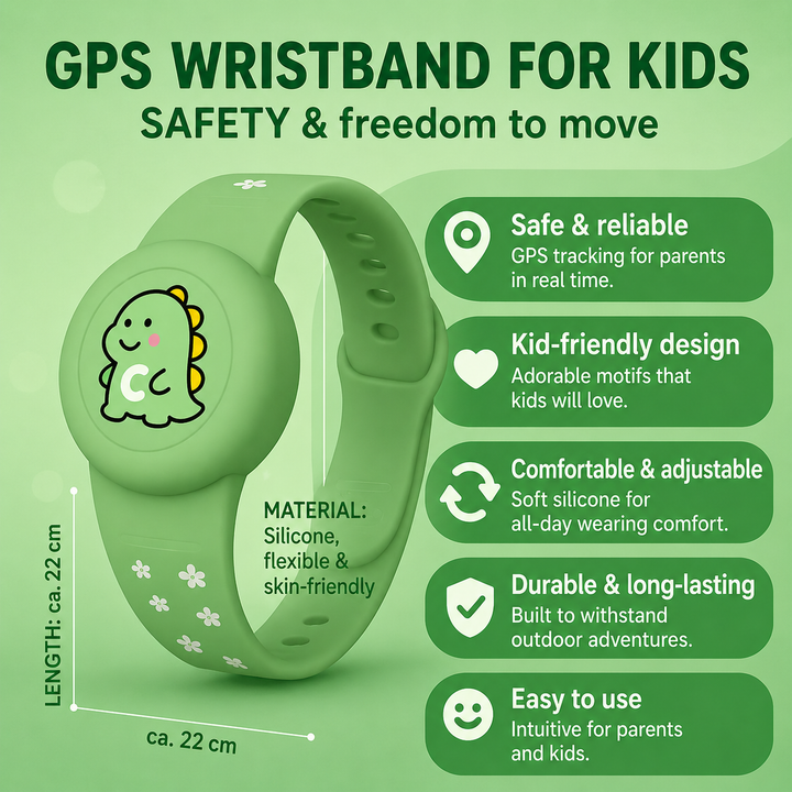 Nahaufnahme: GPS Tracker Armband für Kinder. Präzise Standortverfolgung für Eltern. Sicher & verstellbar.