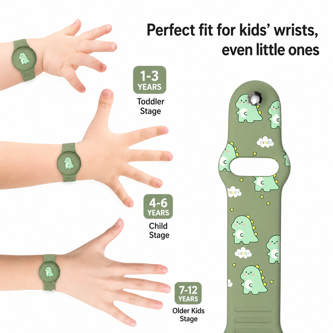 Kind trägt verstellbares Kinder GPS Armband am Handgelenk, bereit für Outdoor-Abenteuer mit Kindersicherheit.