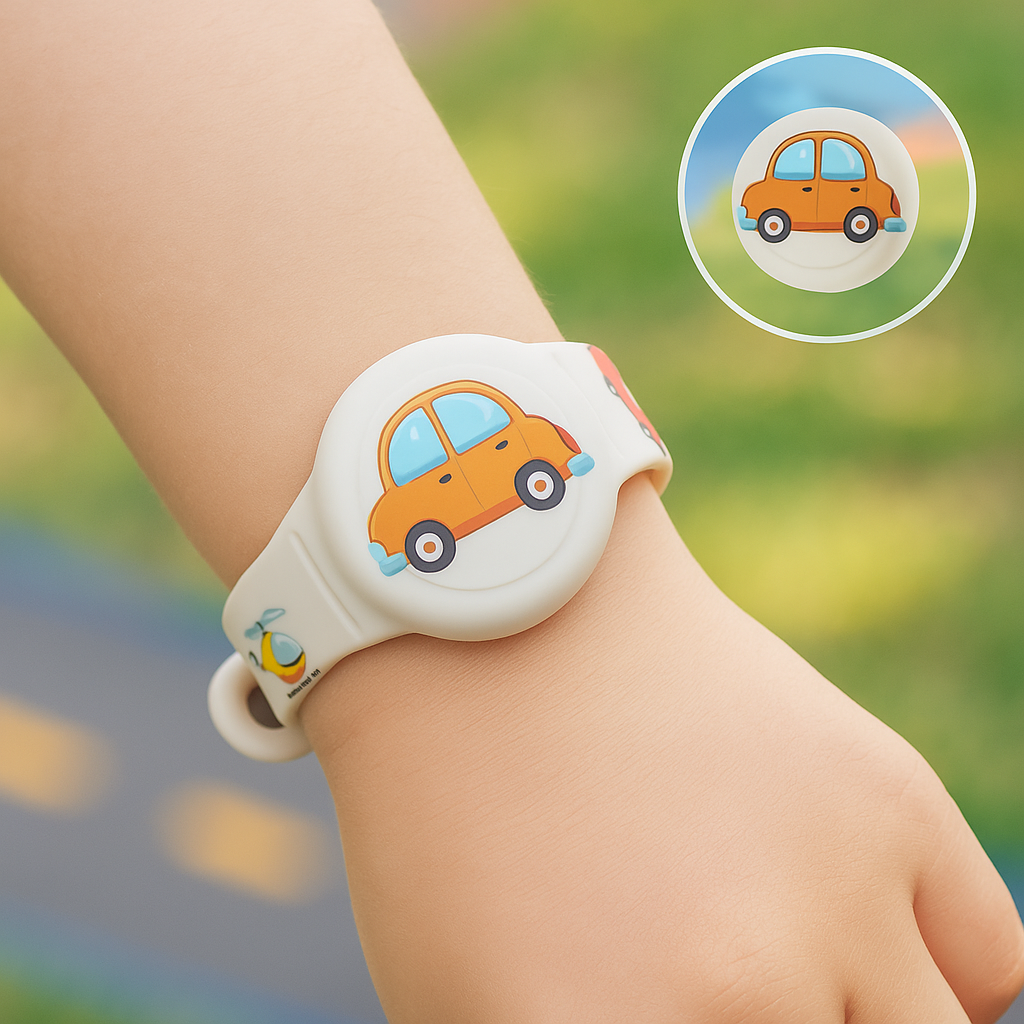 Kinder GPS Armband am Spielplatz. Ermöglicht sichere Standortverfolgung bei Outdoor-Aktivitäten der Kinder.