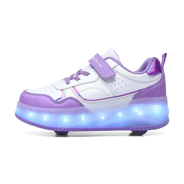 Rosa Kinder Rollschuh Sneaker mit LED Lichtern und verstellbaren Rollen für Mädchen.