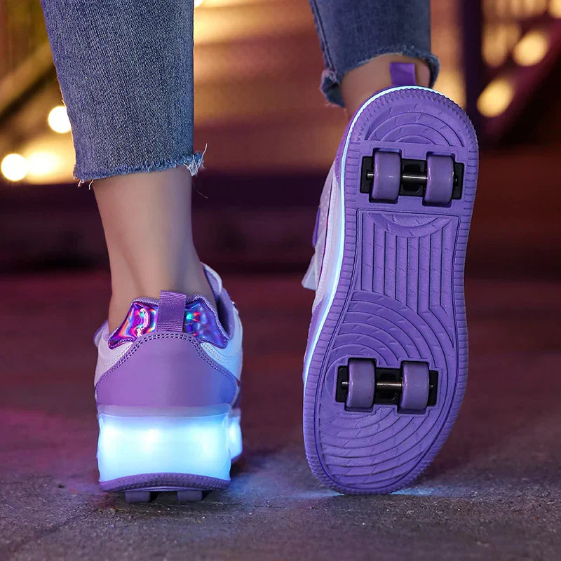 Kinderschuhe mit Rollen und LED-Beleuchtung, verstellbar für sicheren Fahrspaß.