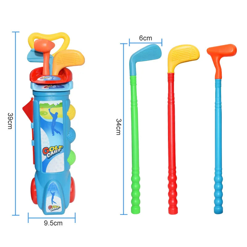 Farbiges Kinder Golf-Übungsset in Rot & Blau zur Motorikförderung für junge Golfer.