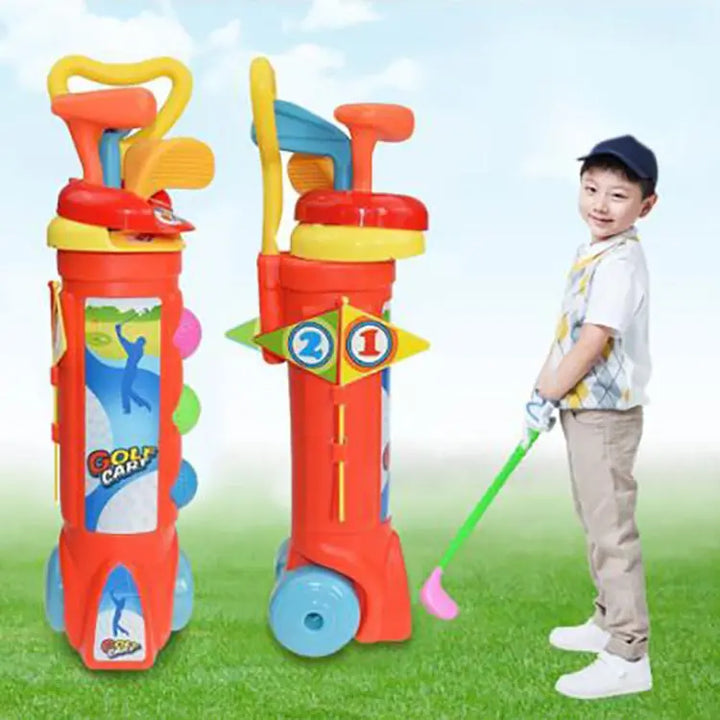 Komplettes Kinder Golf-Set in Rot und Blau mit 2 Schlägern, 3 Bällen und 2 Fahnen für drinnen & draußen.