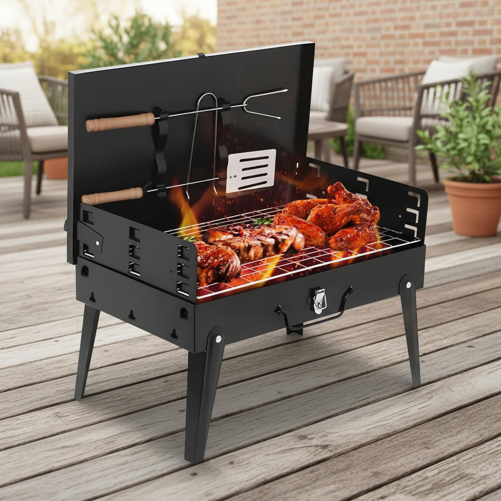 Klappbarer Edelstahl-Gartengrill für Camping & Outdoor. Ideal für Reisen & praktisches BBQ.