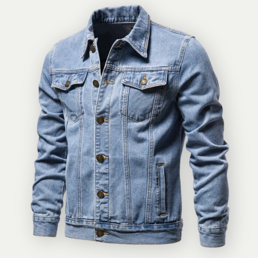 Schwarze Herren Truckerjacke aus Denim, ideal für moderne Männerkleidung & Streetwear. Robust und stilvoll.