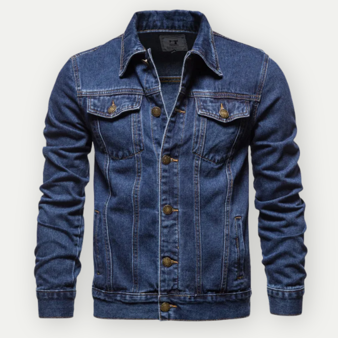 Dunkelblaue Herren Jeansjacke im klassischen Design, zeitlose Oberbekleidung für jeden Anlass. Lässiger Chic.
