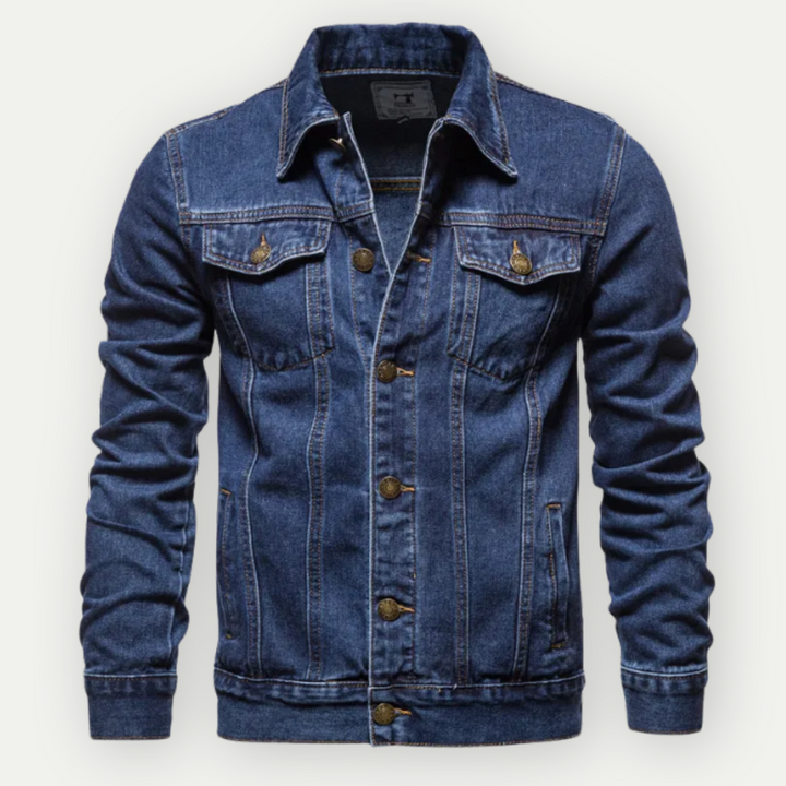 Dunkelblaue Herren Jeansjacke im klassischen Design, zeitlose Oberbekleidung für jeden Anlass. Lässiger Chic.