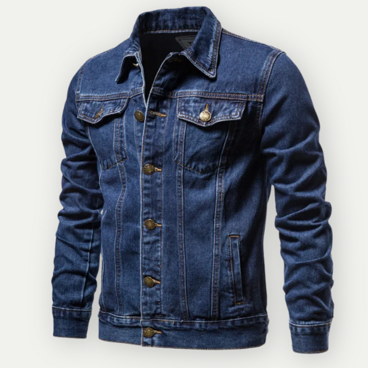 Moderne Herren Jeans-Trucker-Jacke in blau, strapazierfähig & bequem. Vielseitig kombinierbar für Männer.