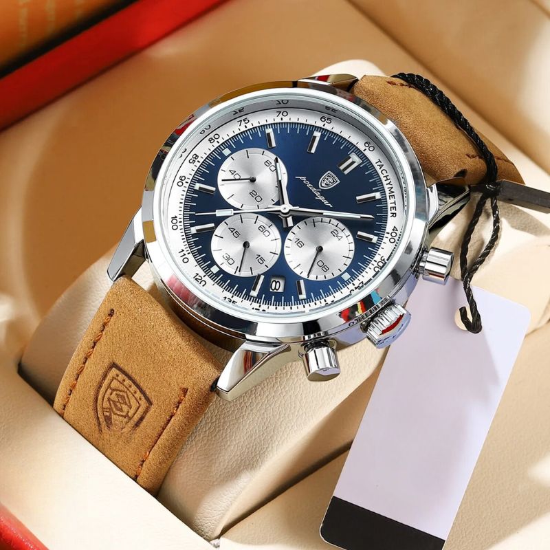 Klassische Herren Chronograph Armbanduhr aus Edelstahl mit elegantem Metallarmband, zeitlose Eleganz.