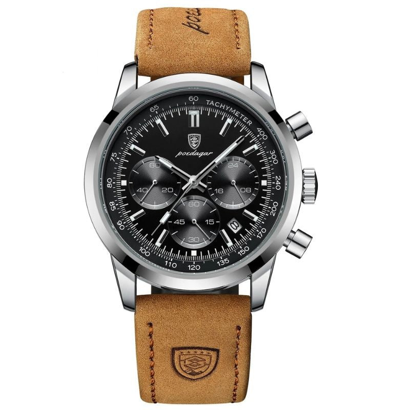 Glänzende Oberfläche der wasserdichten Herren Chronograph Edelstahluhr, die Präzision und Stil vereint.
