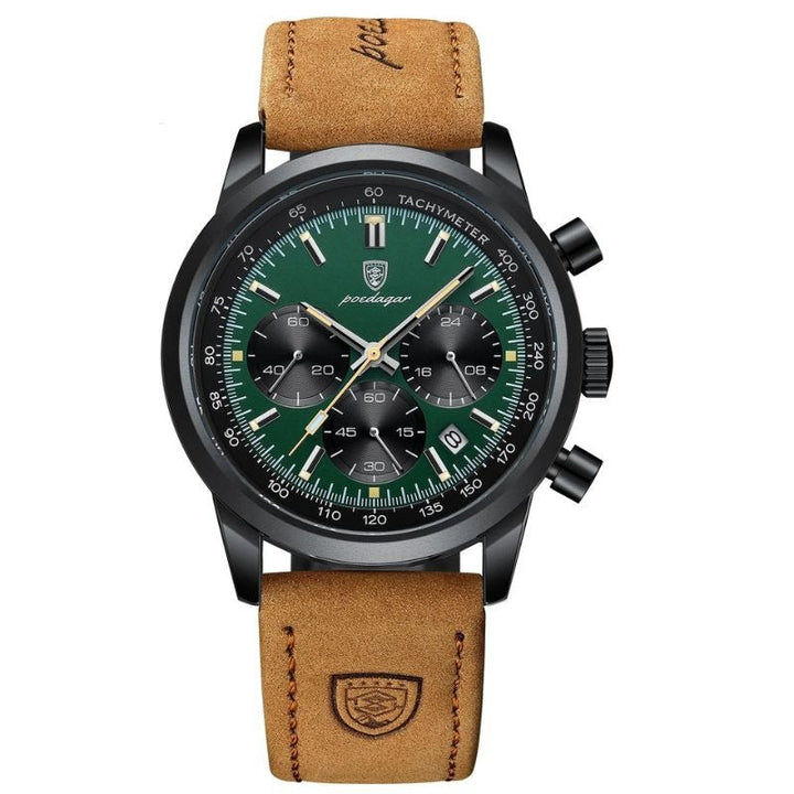 Klares Zifferblatt mit präzisen Chronographen-Anzeigen der eleganten Herrenuhr, ein Funktions-Accessoire.