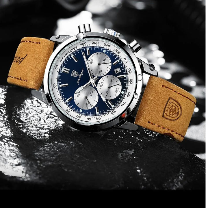 Hochwertiges gebürstetes Metallarmband der klassischen Herren Chronograph Uhr, exklusives Accessoire.