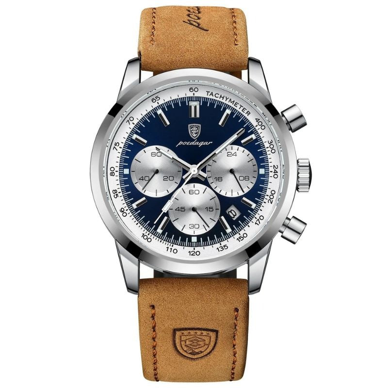 Rückseite der präzisen Herren Chronograph Uhr aus Edelstahl, detailreich gravierter Gehäuseboden.