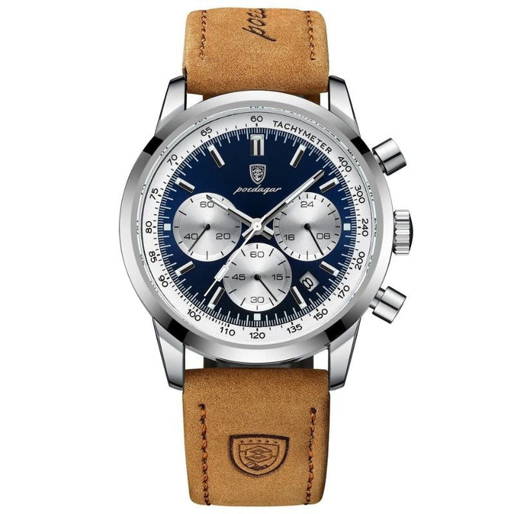 Rückseite der präzisen Herren Chronograph Uhr aus Edelstahl, detailreich gravierter Gehäuseboden.