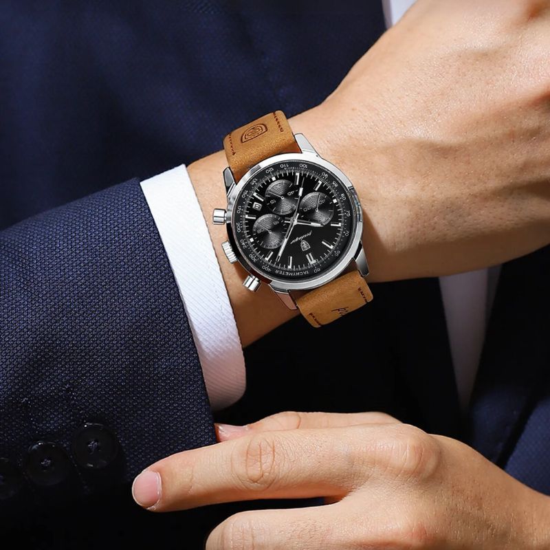 Luxuriöse Herren Chronograph Edelstahluhr in schwarzer Geschenkbox, ideales Geschenk für den Herrn.