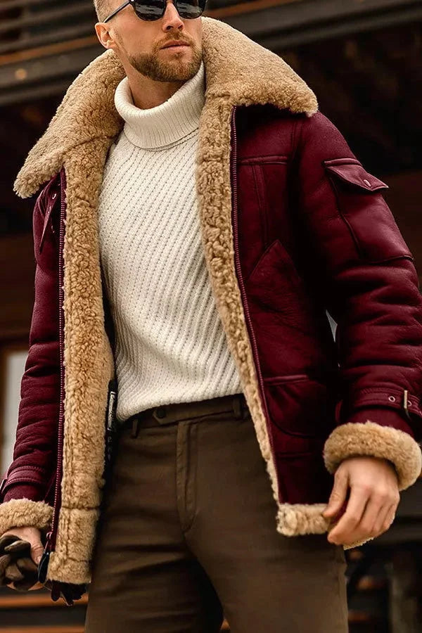 Warme Herren Shearling Pilotenjacke, ideal als Winter- & Übergangsjacke für Outdoor & Freizeit.