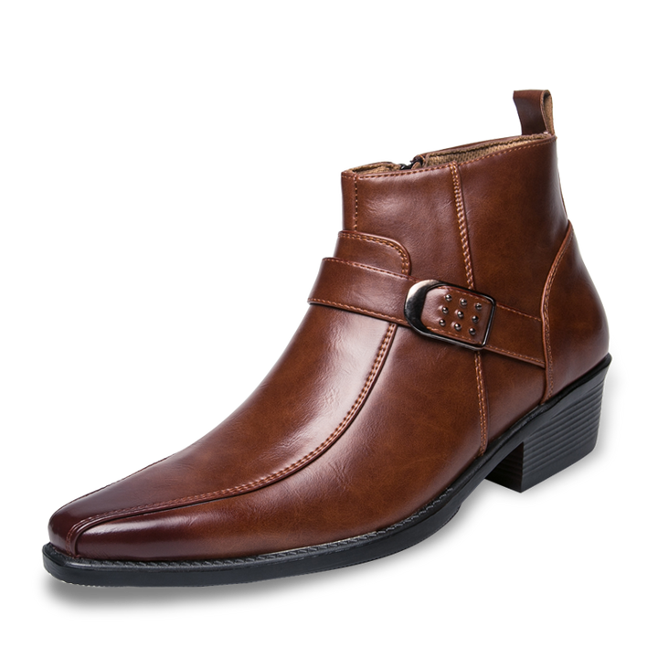 Klassische Herrenstiefel Felix aus braunem Leder mit Schnalle für eleganten Business- oder Freizeitstil im Herbst.