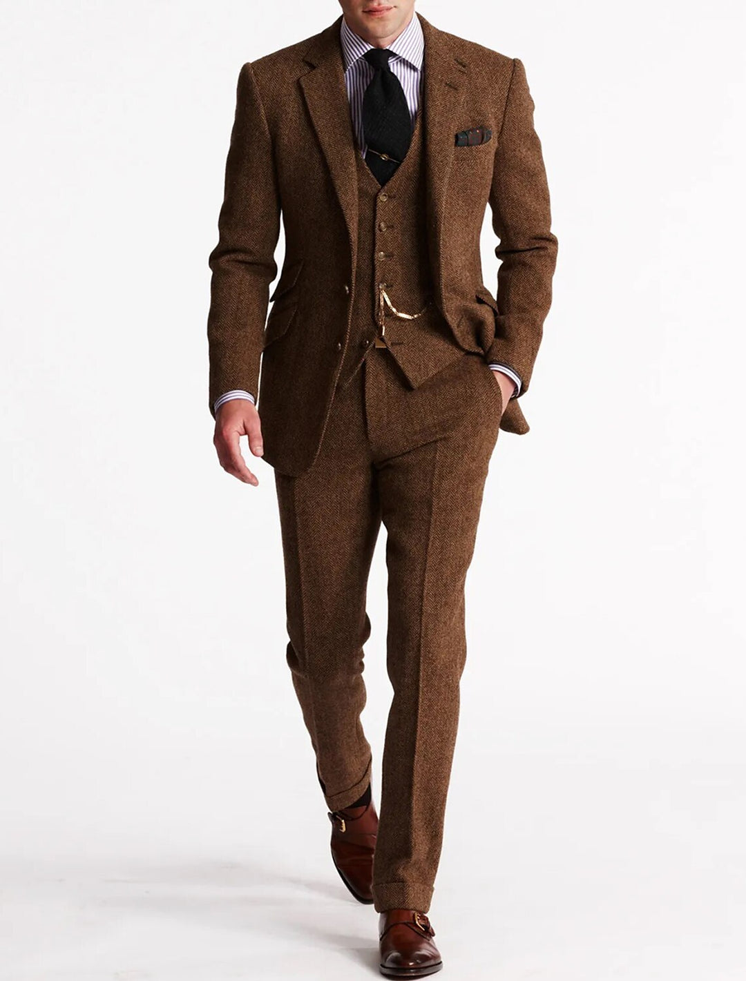 Klassischer brauner Herren Tweed Anzug Dreiteiler für elegante Business- und Festtags-Anlässe.