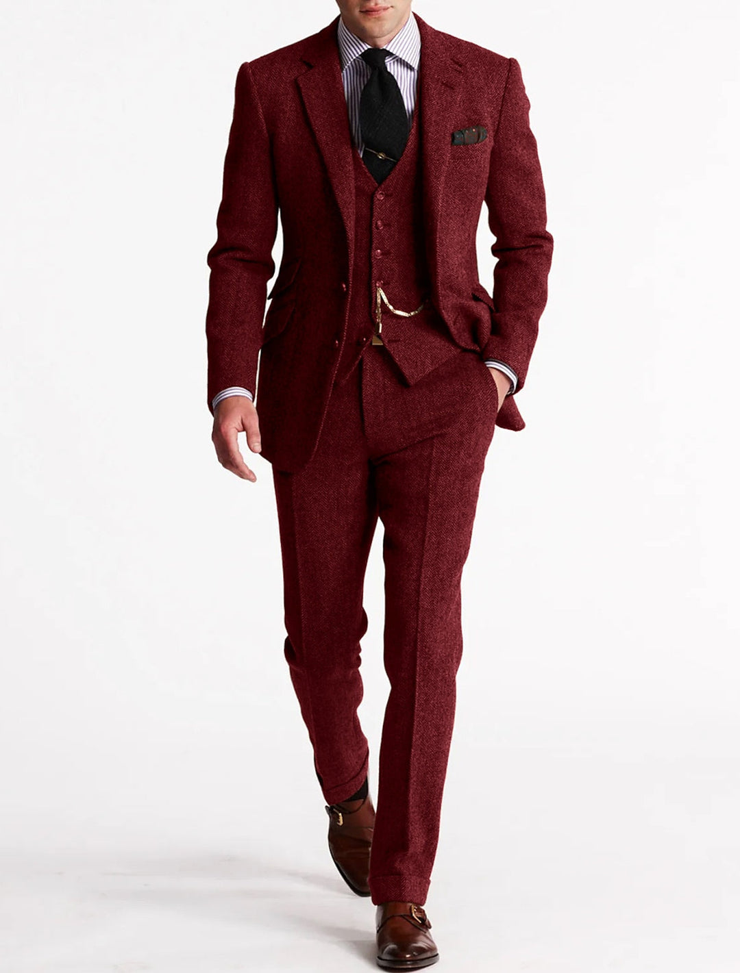 Festlicher Herrenanzug in Burgunderrot/Kaffee-Tweed, ein stilvoller Dreiteiler für klassische Eleganz.