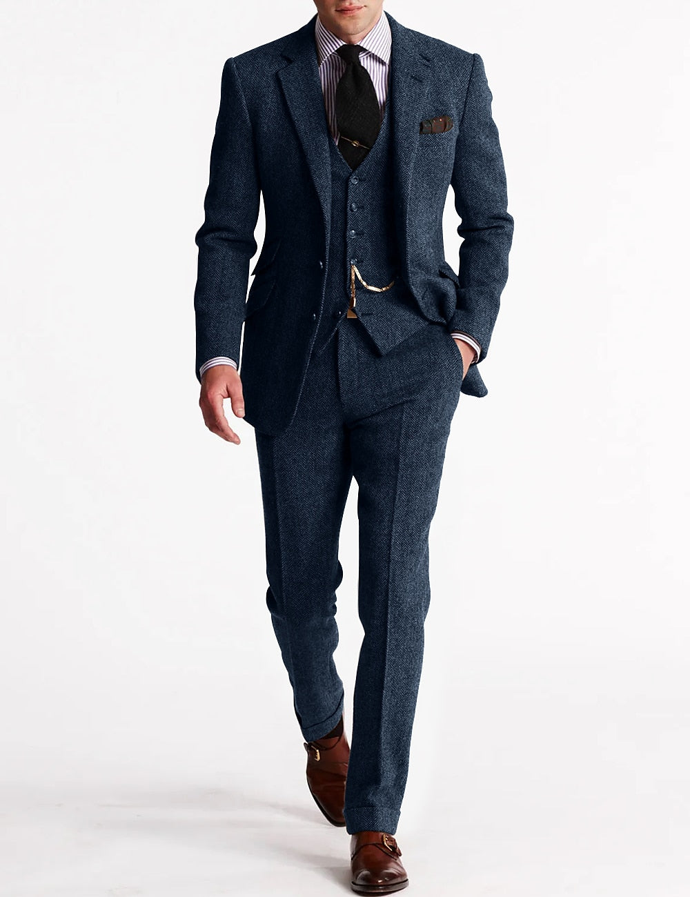 Hochwertiger Herren Tweed Anzug Dreiteiler. Klassische Eleganz, stilvolle Herrenmode für Business und Feiern.